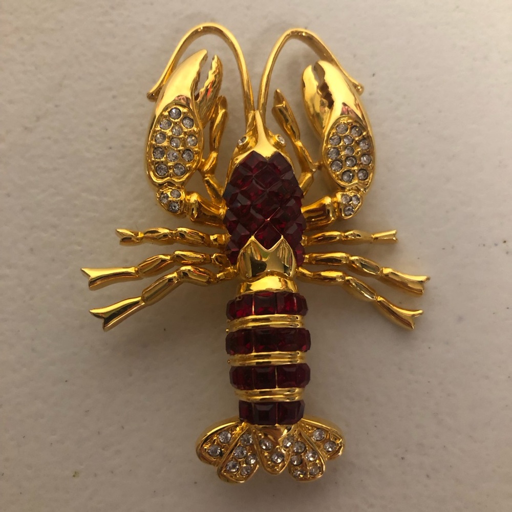 Nolan Miller Red Ruby Lobster Brooch Pin Crystal Rhinestones